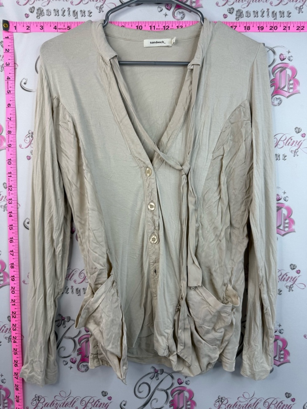 Sandwich cardigan tie up cream Beige Button-Front Tie-Neck Women's Shirt